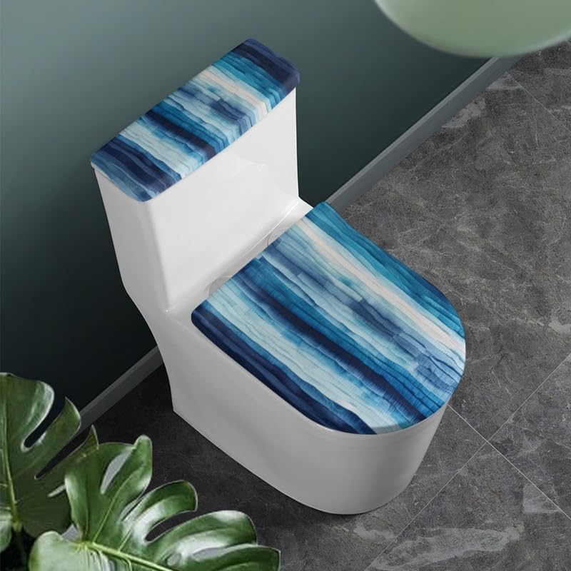 Blue Gradient Bathroom Toilet Lid Tank Cover Set Watercolor Striped Toilet Lid Cover & Tank Dust Cover Nordic Style Tie Dye Indoor Universal Fit Toilet Decoration