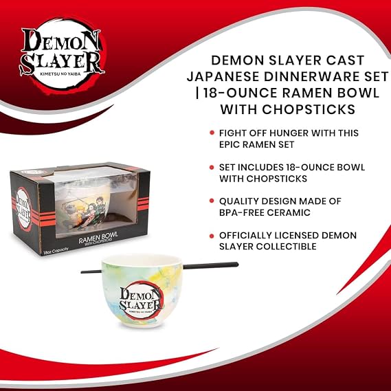 Toynk Demon Slayer Cast Japanese Ceramic Dinnerware Set | Includes 18-Ounce Ramen Noodle Bowl and Wooden Chopsticks | Asian Food Dish Set For Home & Kitchen | Anime Manga Gifts and Collectibles