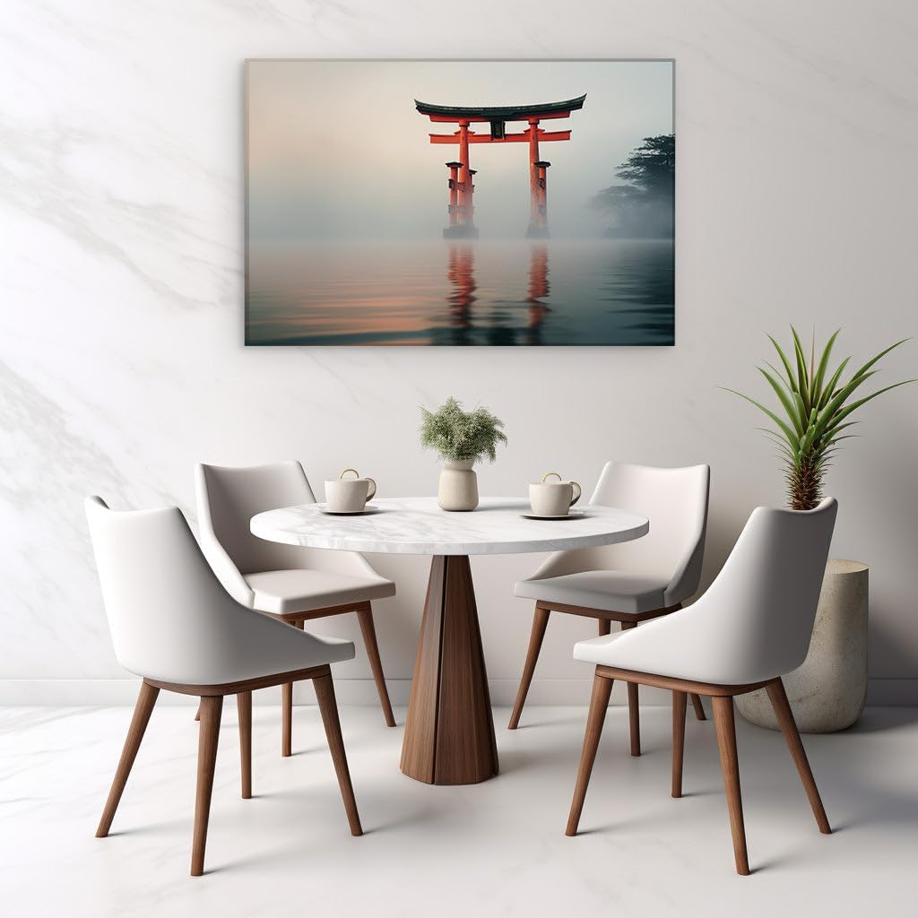 Canvas for Living room. Mystic Reflections at the Water's Edge � A Serene Encounter with the Red Torii Gate, 27 x 18 inch Canvas Wall Art - Contemporary Masterpieces - Modern Home Decor