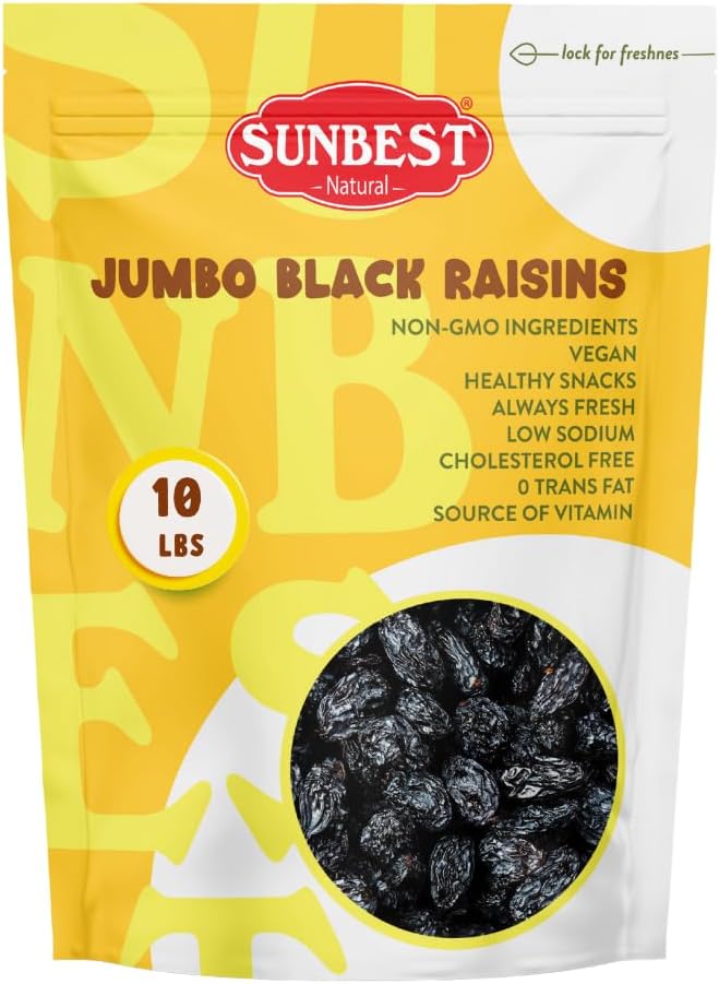 Sunbest Natural Black Jumbo Raisins, Seedless, 10 lbs