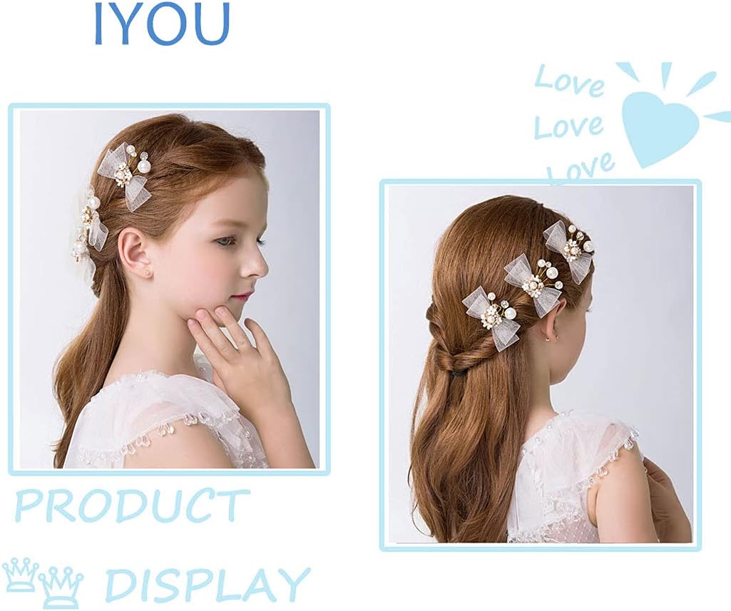 IYOU Bow Hair Clip Gold Flower Headpieces Pearl Crystal Head pieces First Communion Lace Hair Accessories for Flower Girls and Bridesmaid (pack of 3) - Image 4