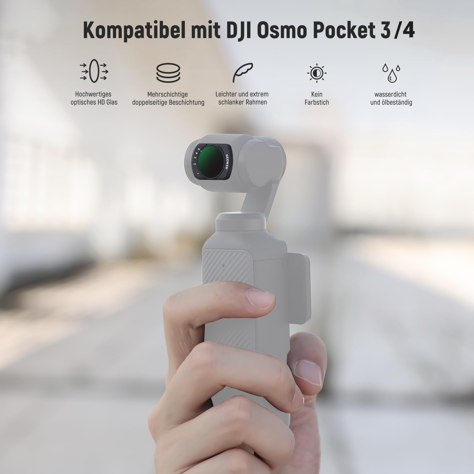 NEEWER Magnetfilterset, kompatibel mit DJI Osmo Pocket 3 / Pocket 4 / Xtra Muse, variabler Neutraldichtefilter ND 2-32 CPL, polarisierender Schwarzdiffusionsfilter 1/4 für filmische Nebeleffekte