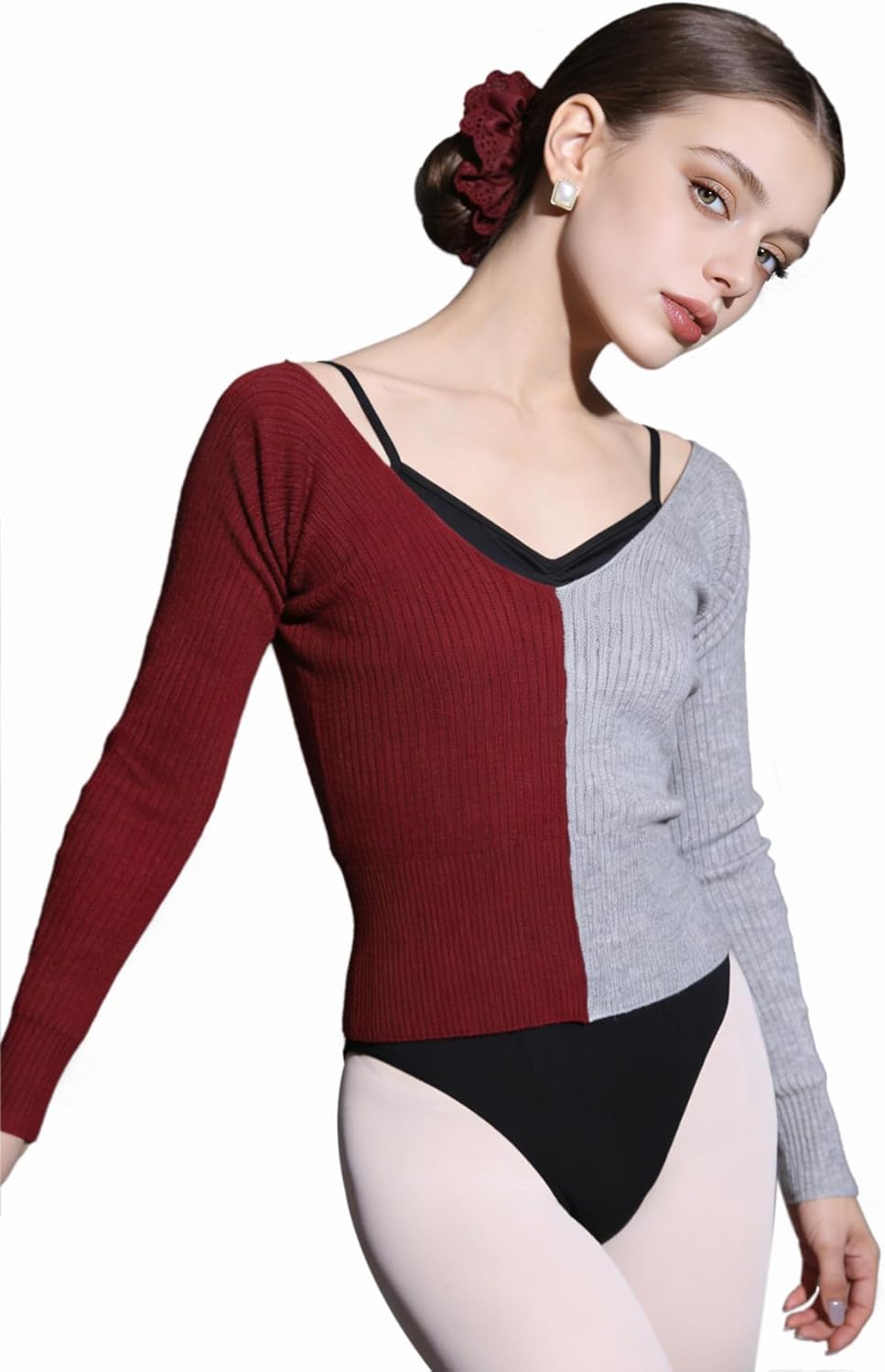 Women's Knitted Ballet Warm-Up Top - Long Sleeve Color-Block V-Neck Design, Elegant Sweater For Ballet/Modern Dance