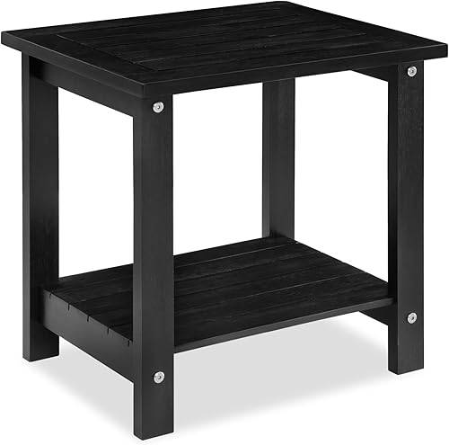 Black Adirondack - Mesa auxiliar para exteriores de madera de acacia resistente a la intemperie con doble almacenamiento, mesa de porche pequeña