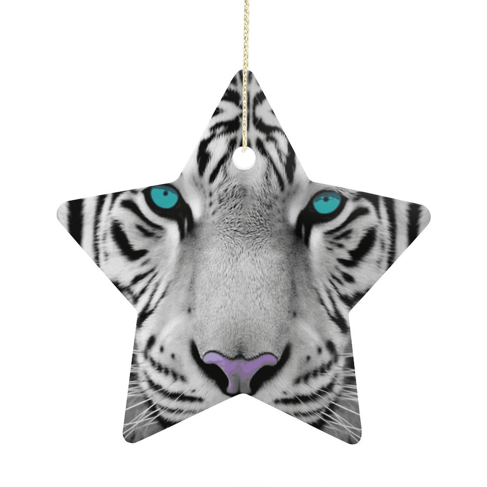 Tiger with Teal Eyes Stars Ornaments Ceramic Christmas Tree Hanging Light in Weight Christmas Star Pendants Funny Double-Sided Printed Xmas Ornaments for Gifts