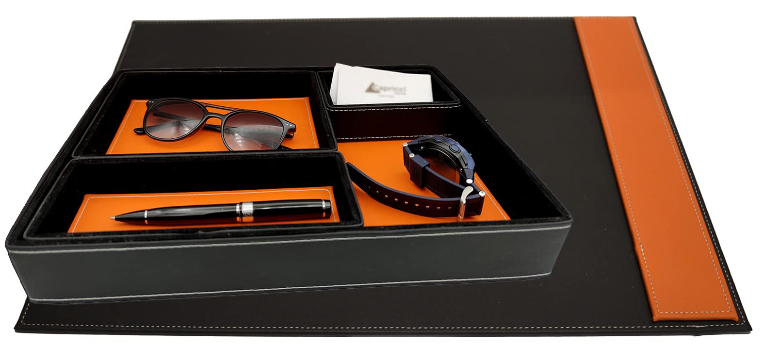 Oggettando - Schreibtischset aus Kunstleder mit Zubehör bestehend aus Schreibunterlage mit Seitenstreifen, Dokumentenablage, Taschenleerer, Stifthalter, Kartenhalter (Orange)