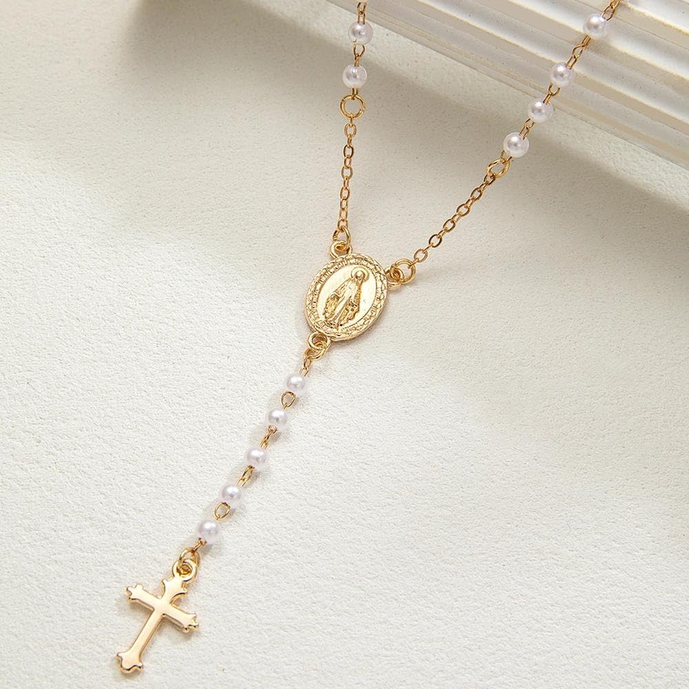 Dainty Gold Virgin Mary Cross Beaded Y Necklace for Women Vintage Rosary White Cross Pearl Pendant Necklaces Religious Statement Neck Jewelry - Image 6