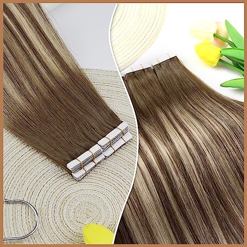 Ombre Tape In Hair Extensions Sunny Invisible Tape In Extensions Real Human Hair Medium Brown Ombre Platinum Blonde Balayage Hair Extensions Tape In Human Hair Ombre Blonde Short Hair 20Pcs 40G 12" #TOP5