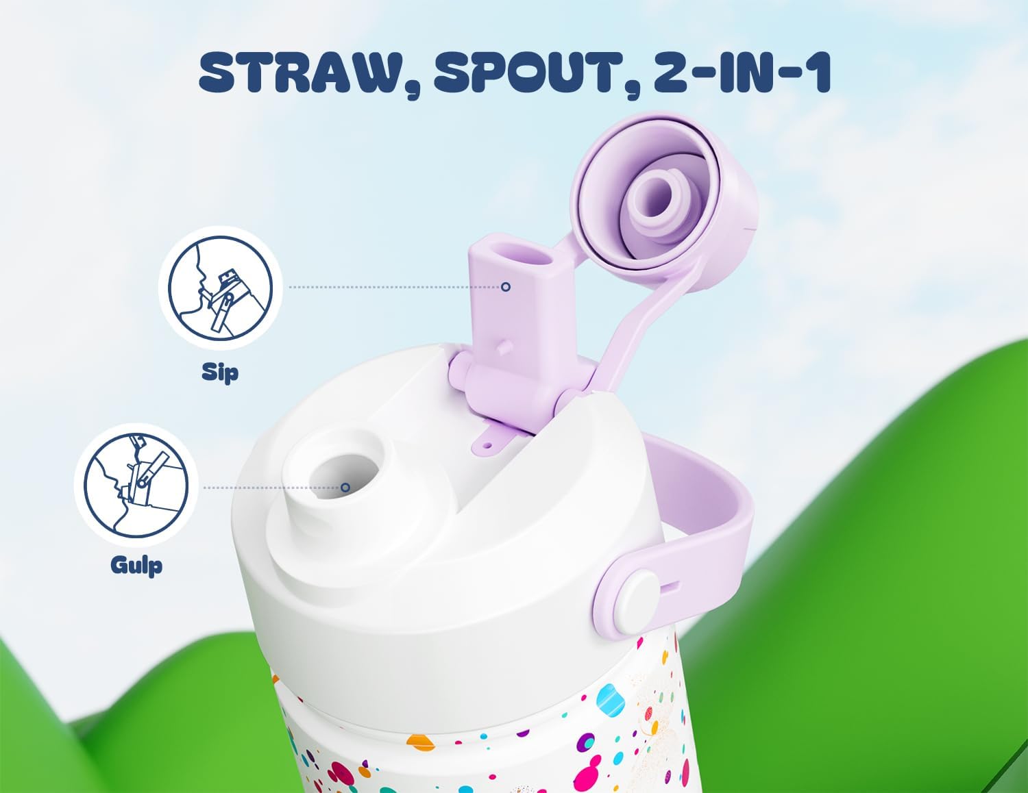 18 oz Kids Insulated Water Bottle: BPA-Free, Easy Clean, Keep Cold 24H, Leakproof, Stainless Steel Cup, Unique Patterns, Dual-Function Lid for School, Travel, Party, Playtime, Gift (Dotty Butterfly) - Image 3