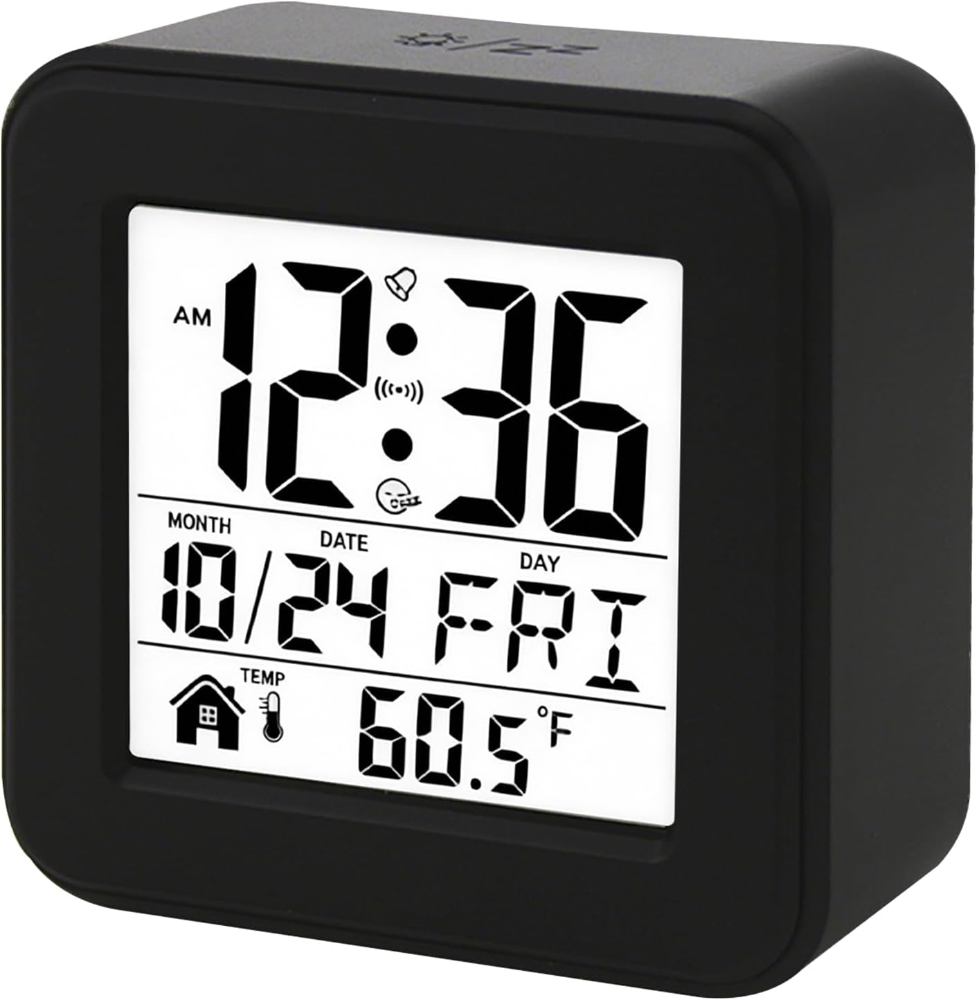 Small Digital Alarm Clock Battery Powered, Bedside Clock with Snooze Temperature and Date, LCD Display Smart Night Light, Portable Travel Alarm Clocks for Heavy Sleepers, Bedroom and Office (Black)