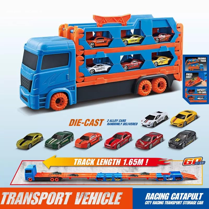 Image of WireScorts Big Hauler Transport Truck Toy with Foldable Ejection Race Track, 2 Die-Cast Cars Included, for Kids Boys 3+ Years, Blue