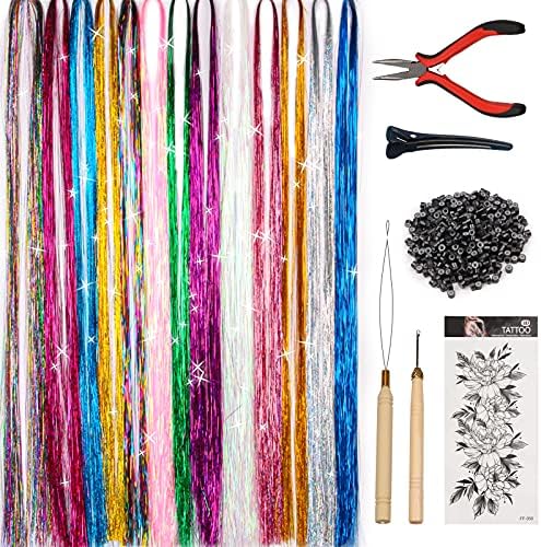 SYGY Hair Tinsel Kit, 13 Colors Tinsel Hair Extensions for Women Girls, Fairy Hair Tinsel Heat Resistant Glitter Sparkling Shiny Colorful Synthetic Hair 2400 Strands 40 Inches for Halloween Cosplay Christmas New Year Party
