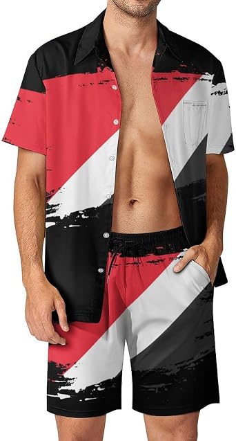 Mens Qatar Flag Hand Drawn 2 Piece Short Sleeve Casual Button Down Shirt And Shorts Suits
