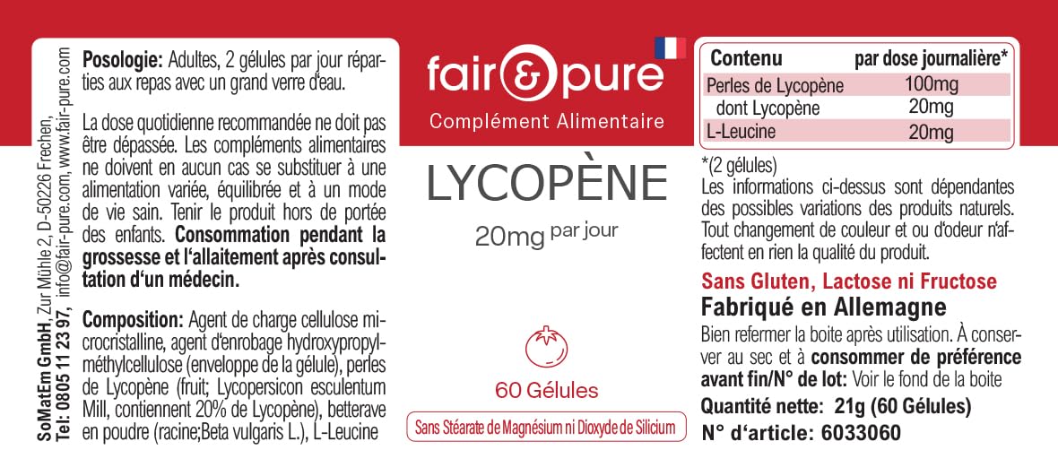 Fair & Pure Lycopène 20 mg, 60 gélules, caroténoïde issu d'extrait de tomate, complément alimentaire végétalien sans additifs, fabriqué en Allemagne