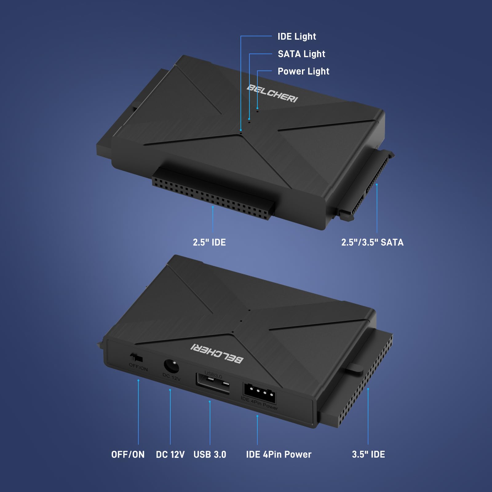 Adattatore USB 3.0 a IDE e SATA, Adattatore per Disco Rigido Esterno Universale da 2,5 o 3,5 Pollici SATA o IDE HDD SSD, Convertitore IDE e SATA con Adattatore di Alimentazione da 12V