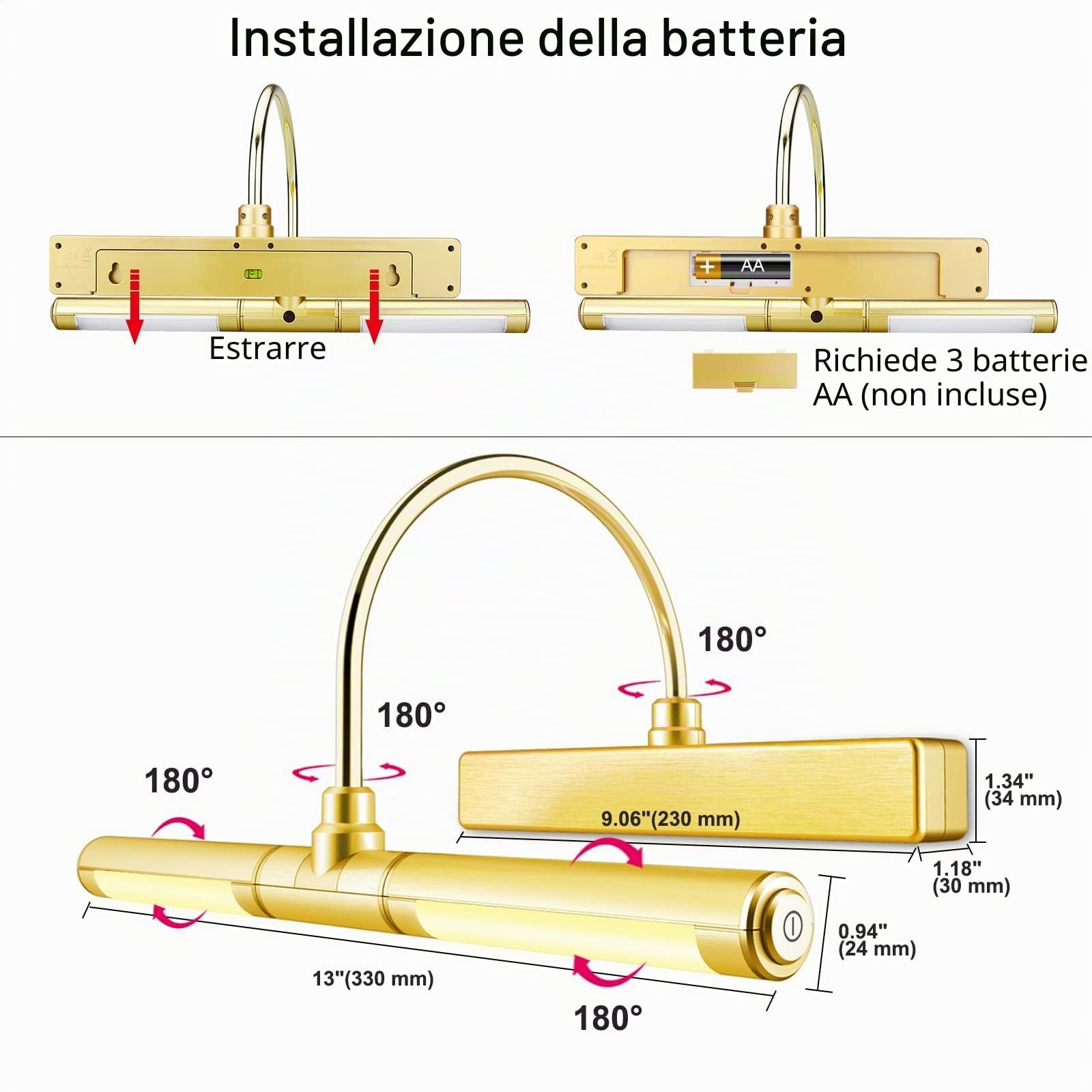 BIGLIGHT Lampada per Quadri,Luci Specchio con Telecomando,batteria Luci a Pittura Parete con 33 cm braccio oscillante a 180¡ã dimmer di luminosit¨¤ per Lampada da Specchio Bagno,oro