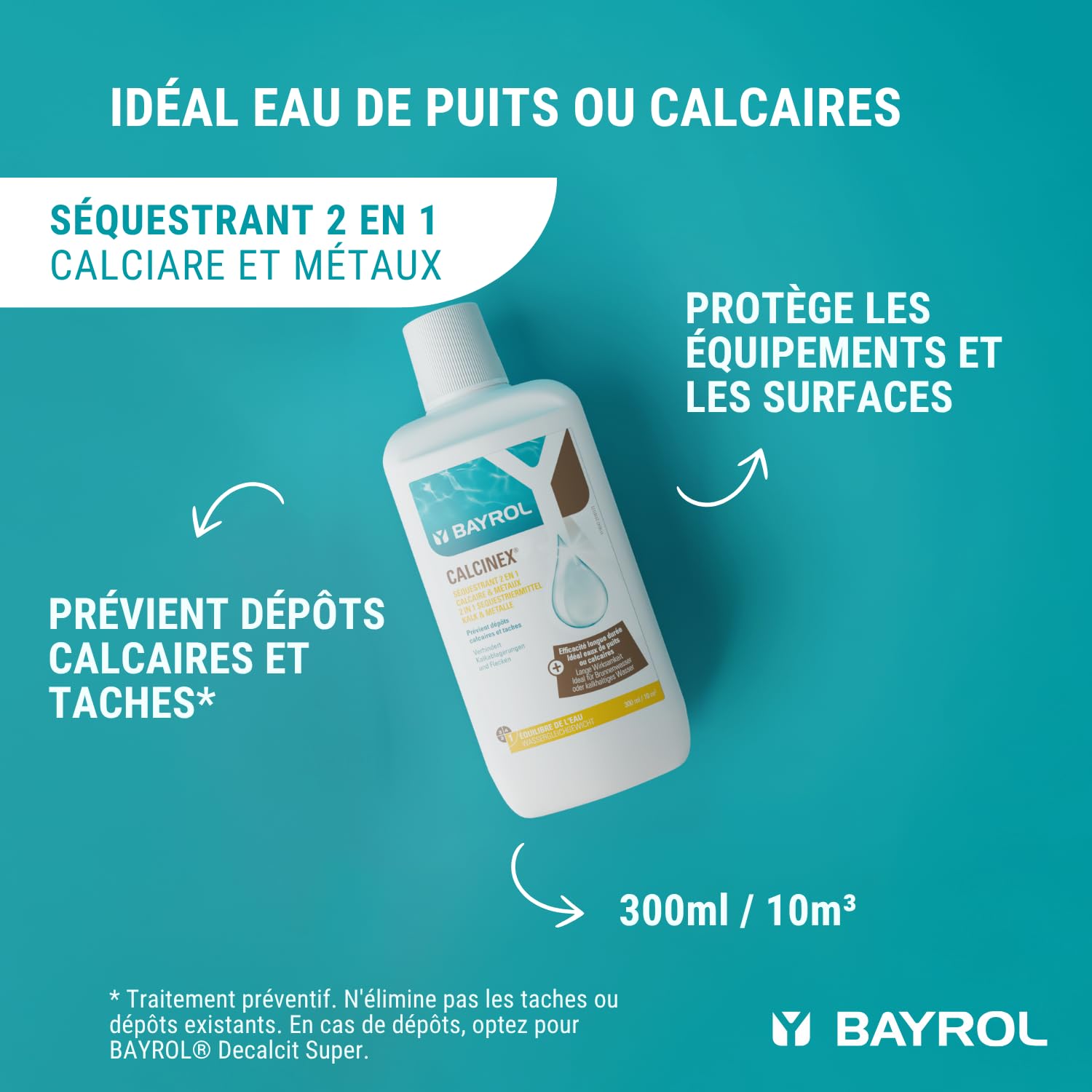 BAYROL Calcinex 3 L - Anti calcaire Piscine - Empêche Les dépôts de calcaire & de métaux sur Les parois & Le Fond du Bassin - Convient à Tous Les Types de filtres
