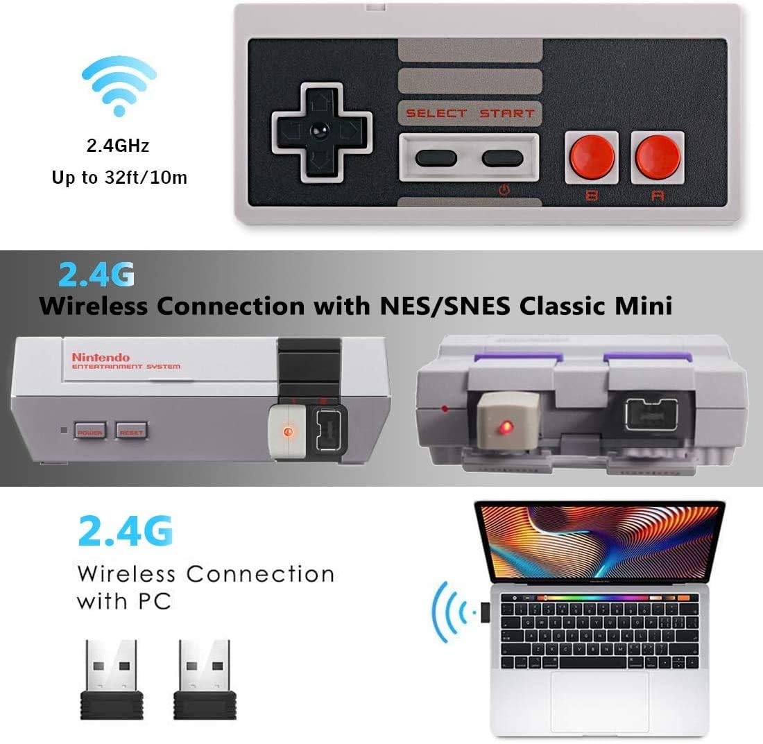 CXZ 2 Pack Wireless Game Controller for Mini NES Classic Edition, Upgraded Turbo Function, 2.4G Wireless Rechargeable Gamepad with USB Wireless Adapter Compatible with PC/Mac/Raspberry PI