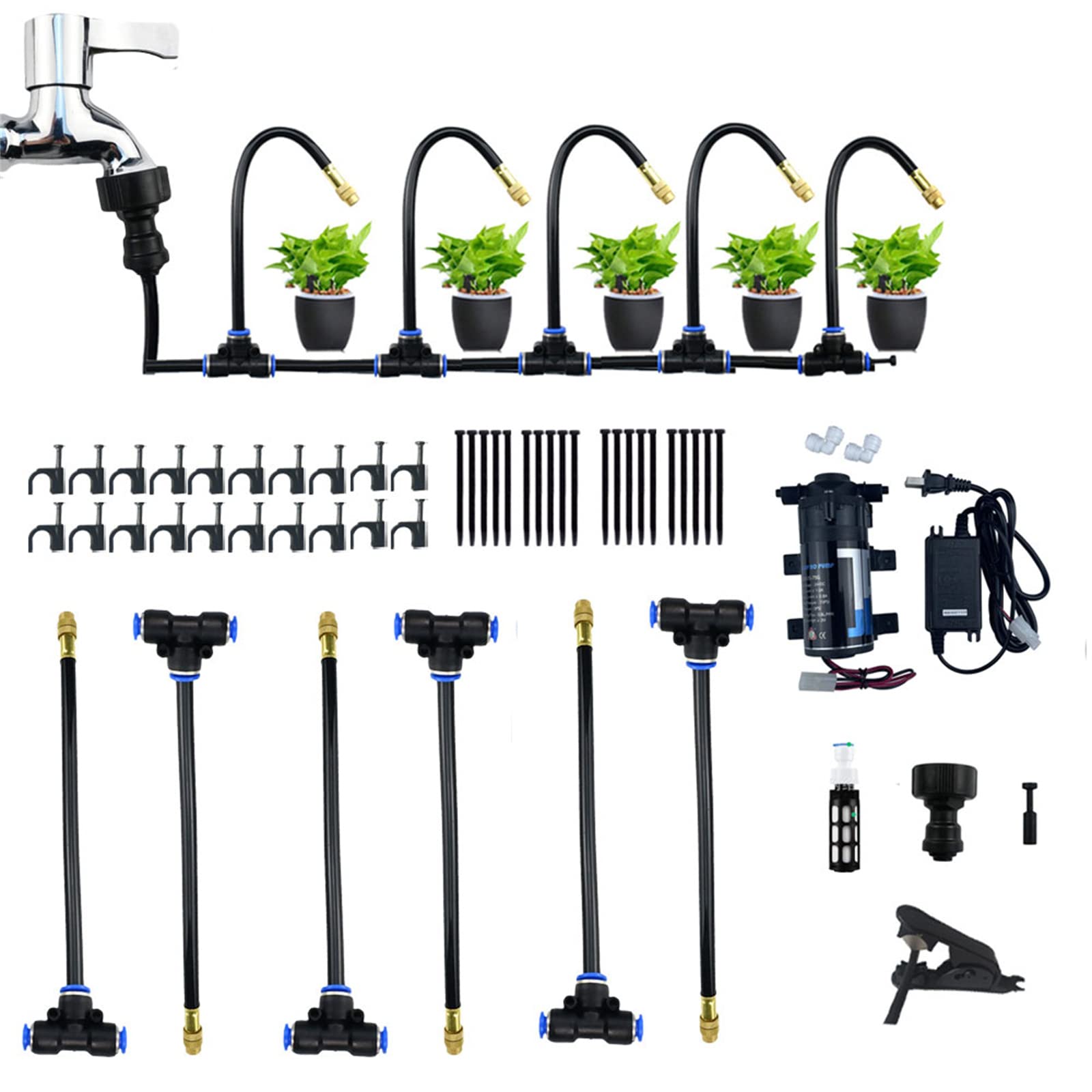 Nebulizzatore Giardino da Esterno, Kit di nebulizzazione con 24v Silent Pump & Ugelli Regolabili & Flessibile Misting Line & Filter, Sisteme di Raffreddamento for Patio