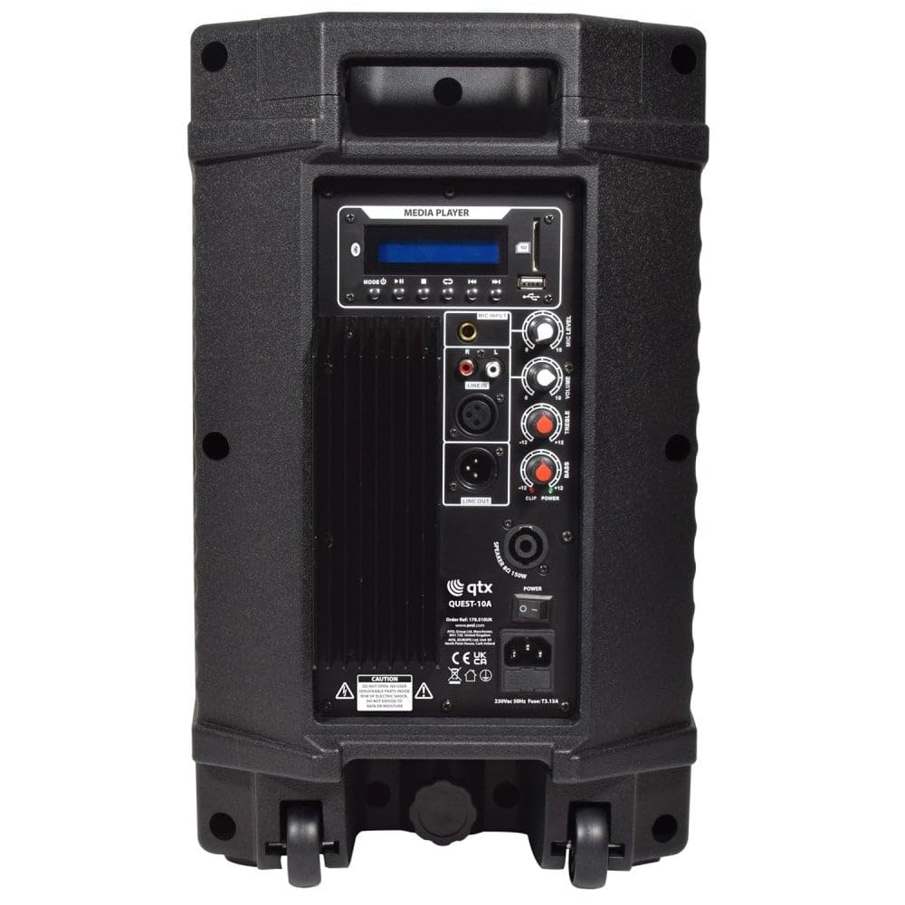 qtx Quest 10 gabinete de Escenario PA Completo con Reproductor Multimedia USB/SD con sintonizador FM y Bluetooth 600W Pico de Potencia de Salida