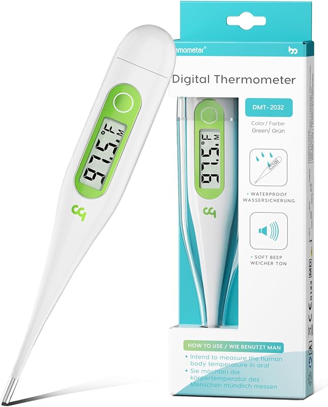 Digital Thermometer for Adults and Kids, Green | Fever Alert, Memory Recall, C/F Switchable, for Oral, Rectal or Under Arm Use