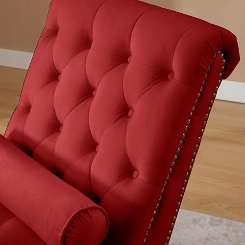 Miniatura 7 de Tumbona para interiores, silla de salón con botones para dormitorio con patas de madera maciza y almohada de apoyo, decoración de cabeza de clavos,