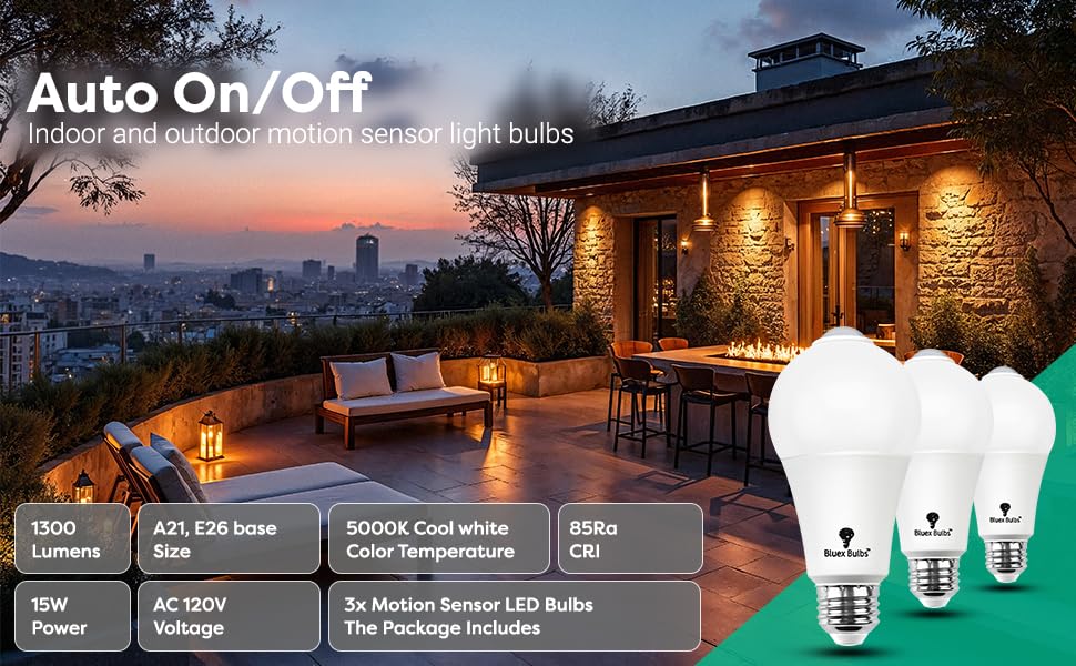 Image of Bluex Bulbs 3 Pack Motion Sensor LED Light Bulb A21, 15W 1300 Lumens, Daylight 5000K, Automatic On /Off Security Light, E26 Medium Base Indoor & Outdoor Use, 120V (5000K - Cool White)