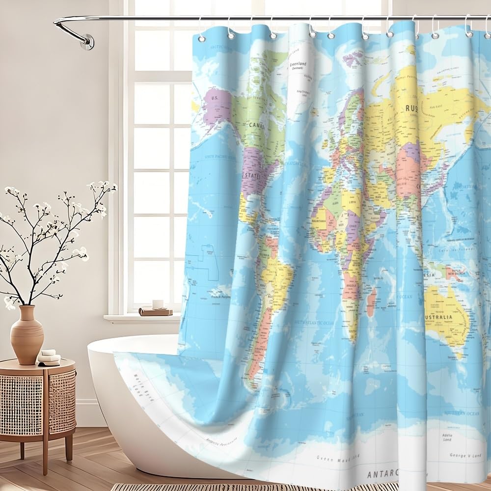 Tenda da doccia con mappa del mondo Tenda da bagno con oceano blu e continenti Mappa del mondo Geografia Tenda da doccia Tessuto impermeabile lavabile in lavatrice 200x180cm