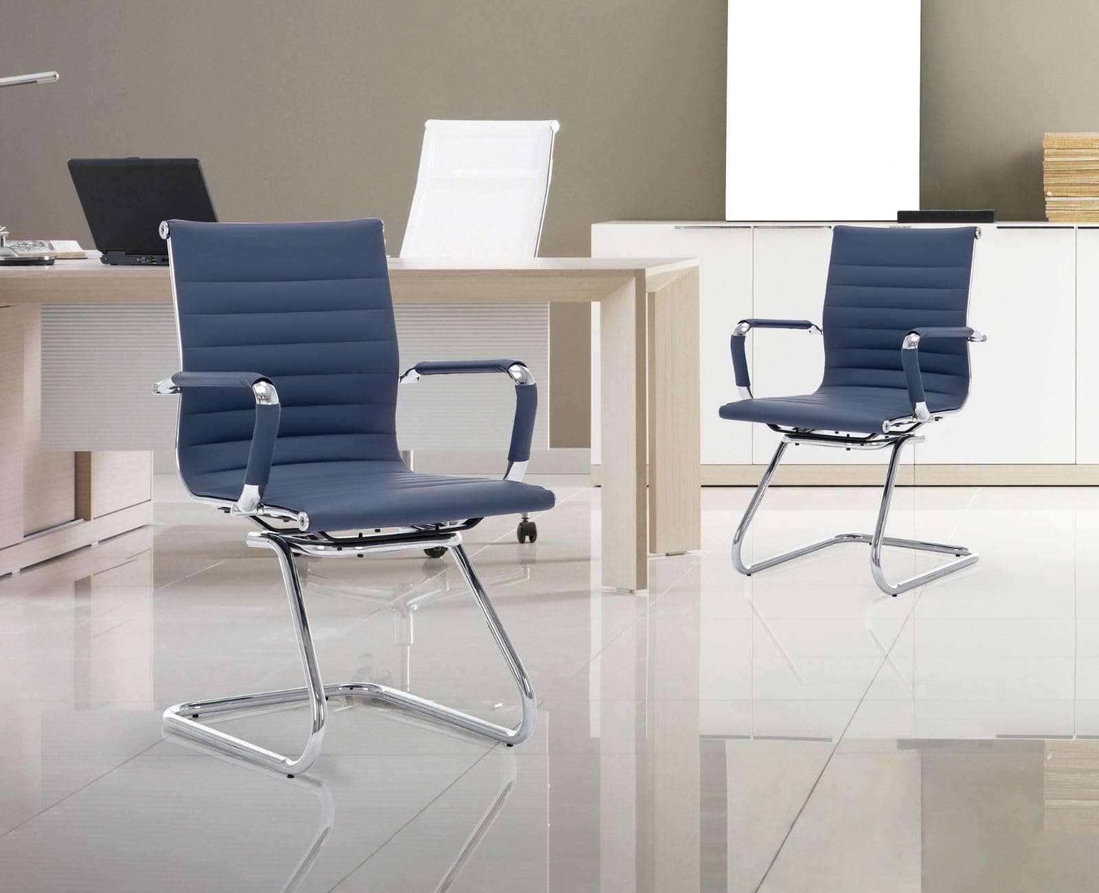 Ya-Home Set di 2 Sedia Cantilever Sedie Ufficio in Ecopelle Sedie da Reception per Sala Riunioni Sedia Visitatori con Braccioli per Ufficio, Conferenza, Sala d'attesa, Blu