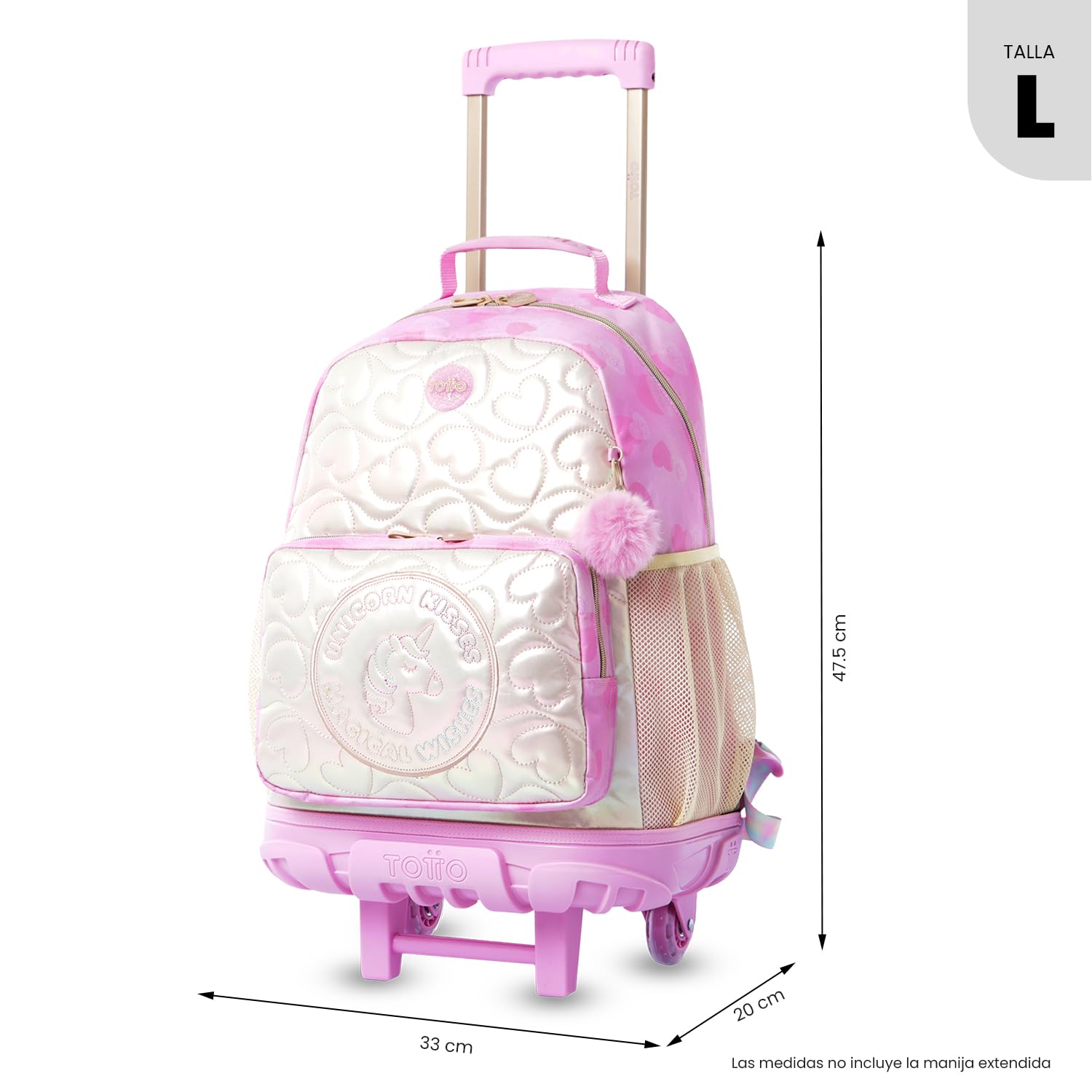 TOTTO - Mochila Escolar con Ruedas, Modelo Unicorn Kisses L, Mochila Grande, Capacidad 31 L, Bolsillos Botella, Compartimento Frontal, Protección en la Base, Correas Ajustables, Estampado Rosa