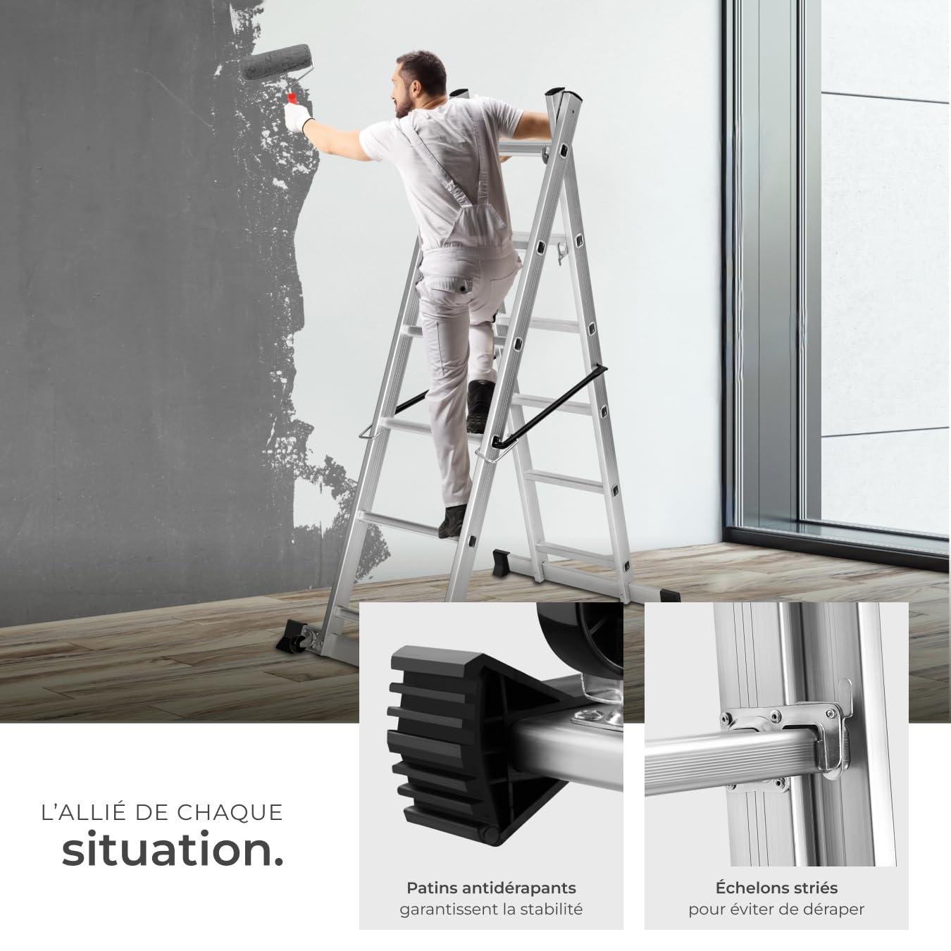 tectake® Échelle Multifonction 3 en 1 Échafaudage Roulant en Acier Plateforme de Travail Antidérapante Échelle Téléscopique Échelle Pliante Escabeau Pliant Bricolage Peinture Toiture