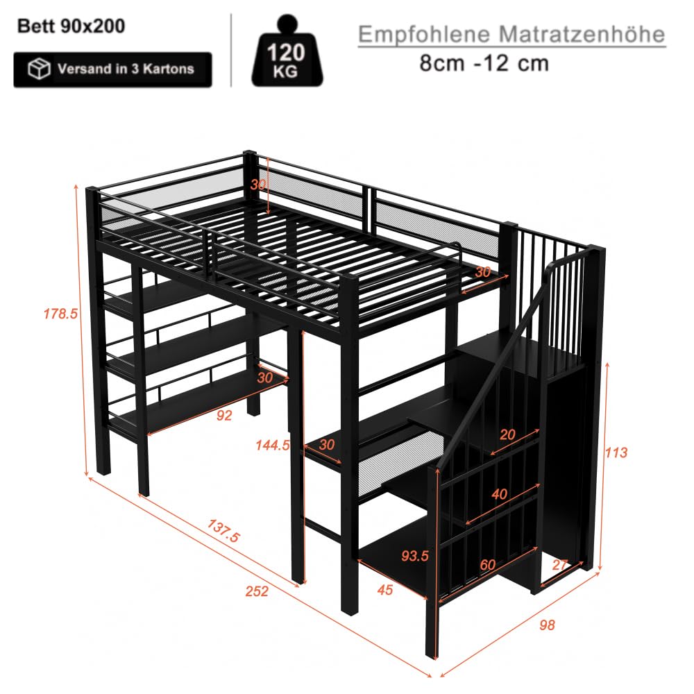 Cama alta de 90 x 200 cm con tira luminosa LED y toma de corriente, cama de hierro forjado con compartimento de almacenamiento y librería, cama individual de metal multifuncional, sin colchón