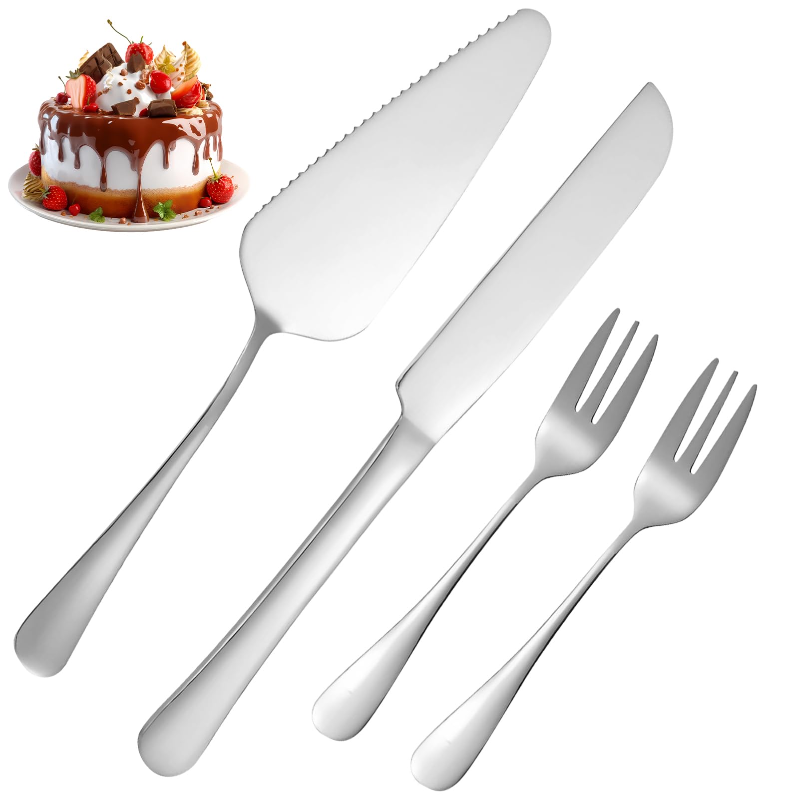 Cake Knife and Server Set, 4pcs Wedding Cake Knife and Server Set (Silvery)