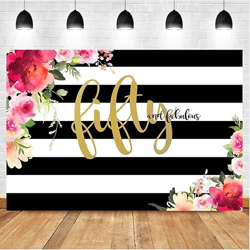 Miniatura 2 de Telón de fondo de 50 años con diseño de rayas de flores, fondo de fotografía de cumpleaños 50 para mujer, cartel de fondo para fiesta de cumpleaños