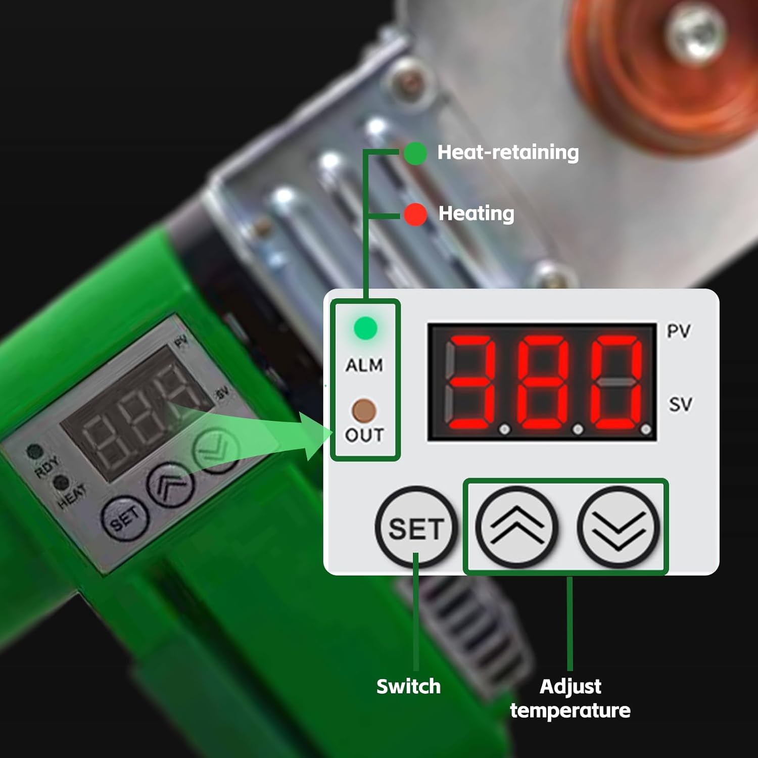 An up-close look at a digital temperature controller for a pipe welding tool.