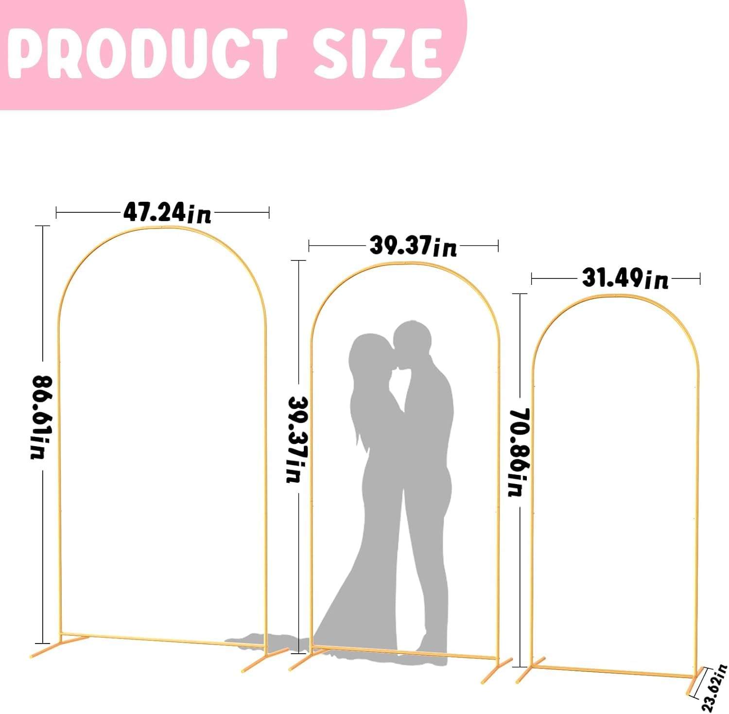Goldfarbener Metallbogen-Hintergrundständer 7.2FT 6.6FT 5.9FT 3 Stück für Hochzeit