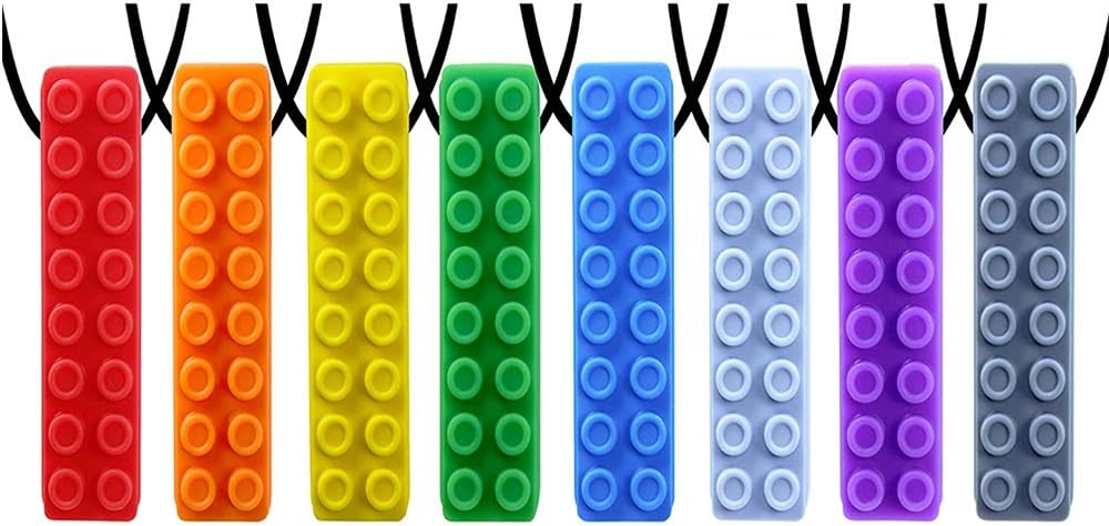 Chew Necklace by GNAWRISHING - 8-Pack (Rainbow Building Block8)- Perfect for Autistic, ADHD, SPD, Oral Motor Children, Kids, Boys, and Girls (Tough, Long-Lasting)