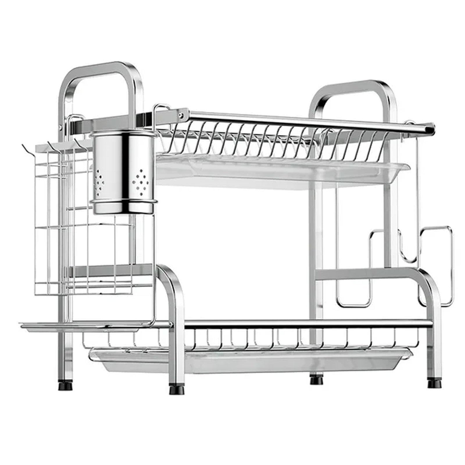 Escurridor de Platos, Soporte para Tazas con Escurridor, Encimera de Cocina, Acero Inoxidable, Bandeja Antigoteo Práctica, Organizador de Platos, 43 cm x 23,5 cm x 39 cm
