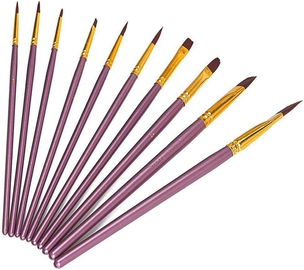 Artist Paint Brushes Set, ASelected 10 Pieces Nylon Art Brushes for Acrylic Watercolor Oil Crafts Face Model Painting Supplies (Purple)