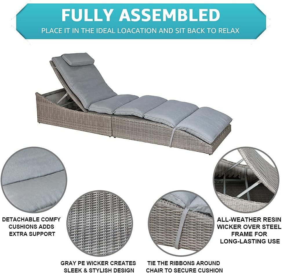 Soleil Jardin Folding Outdoor Adjustable Chaise Lounge Chair with Removable Cushion, Fully Assembled, Patio PE Rattan Reclining Lounger for Pool Beach, Gray : Patio, Lawn & Garden