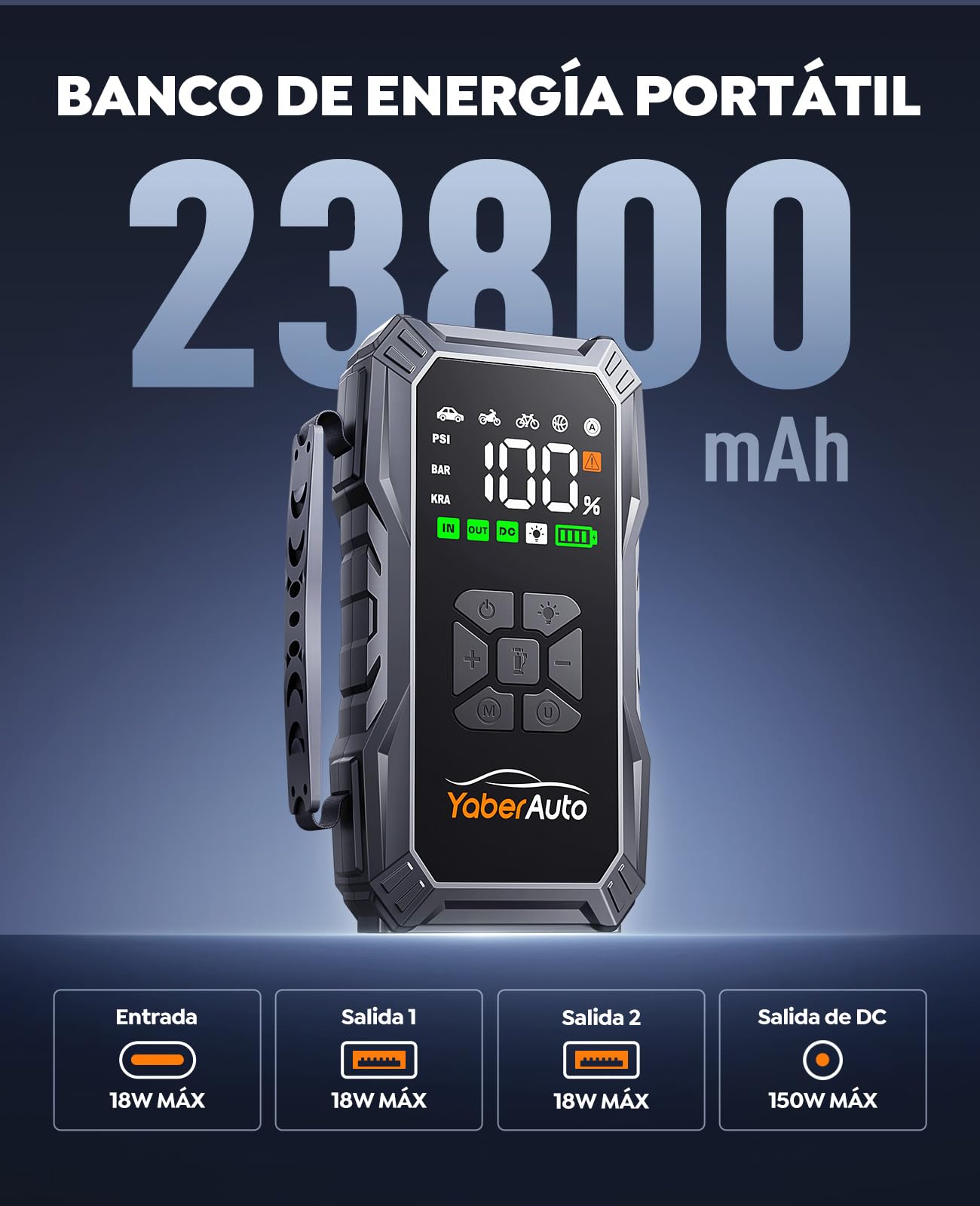 Arrancador de Baterias de Coche con Compresor de Aire, 7000A YaberAuto Arrancador de Coche Portatil (Todo Gas/10,0L Diesel) con 150PSI Inflador, Pantalla Grande y Linterna LED