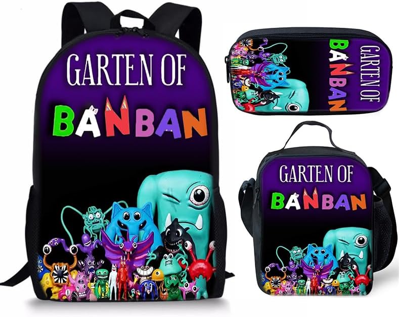 Aeasecy Garten of Banban Mochila escolar con cajas de lápices y loncheras para niños, 3 piezas, mochila escolar para niños pequeños., Púrpura,