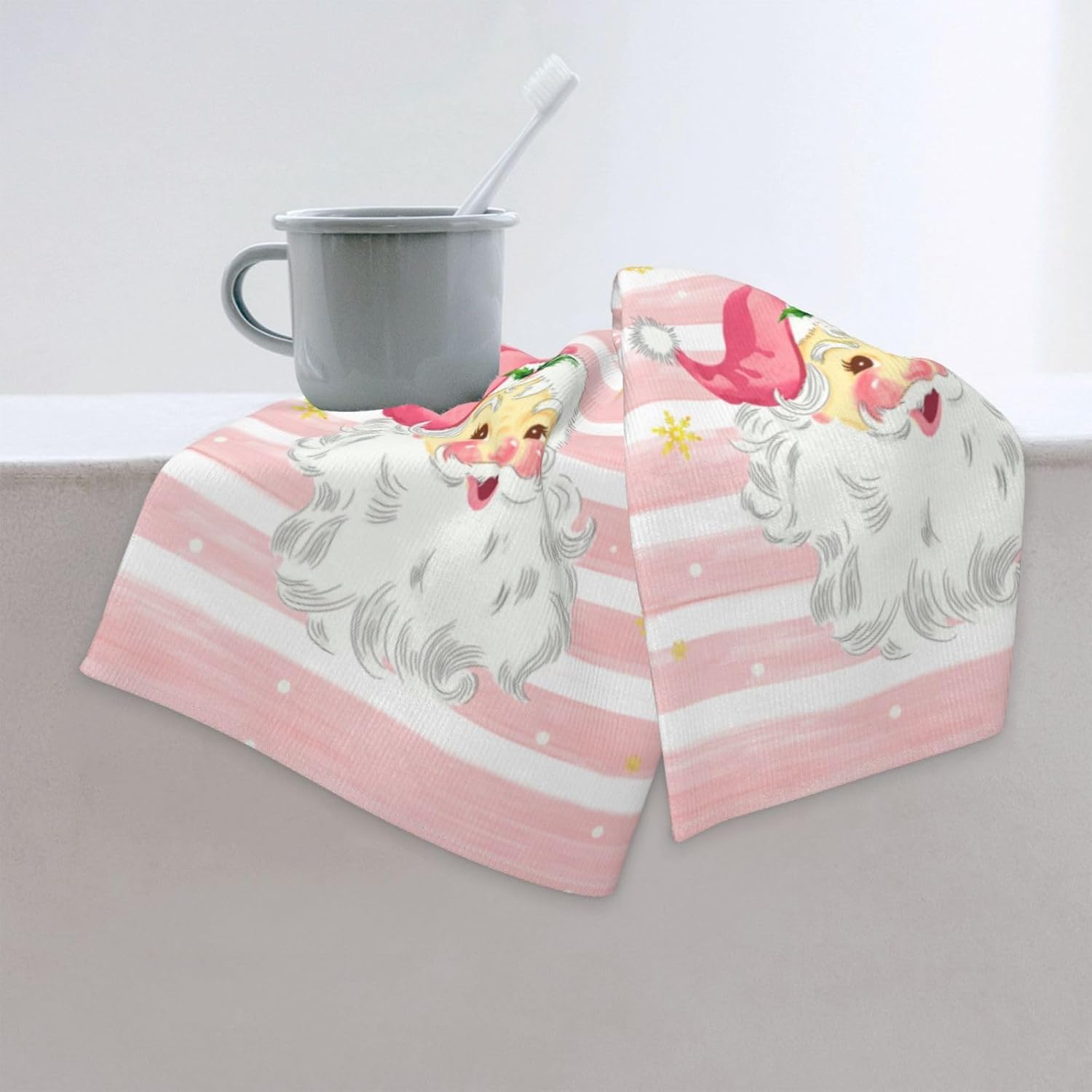 Xmas Santa Claus Kitchen Dish Towels, 2 PC Winter Christmas Decoration Hand Towels, Snowflake Pink Stripes Tea Towels, 26x18 Inch Hand Towels for Cooking Baking - Image 8