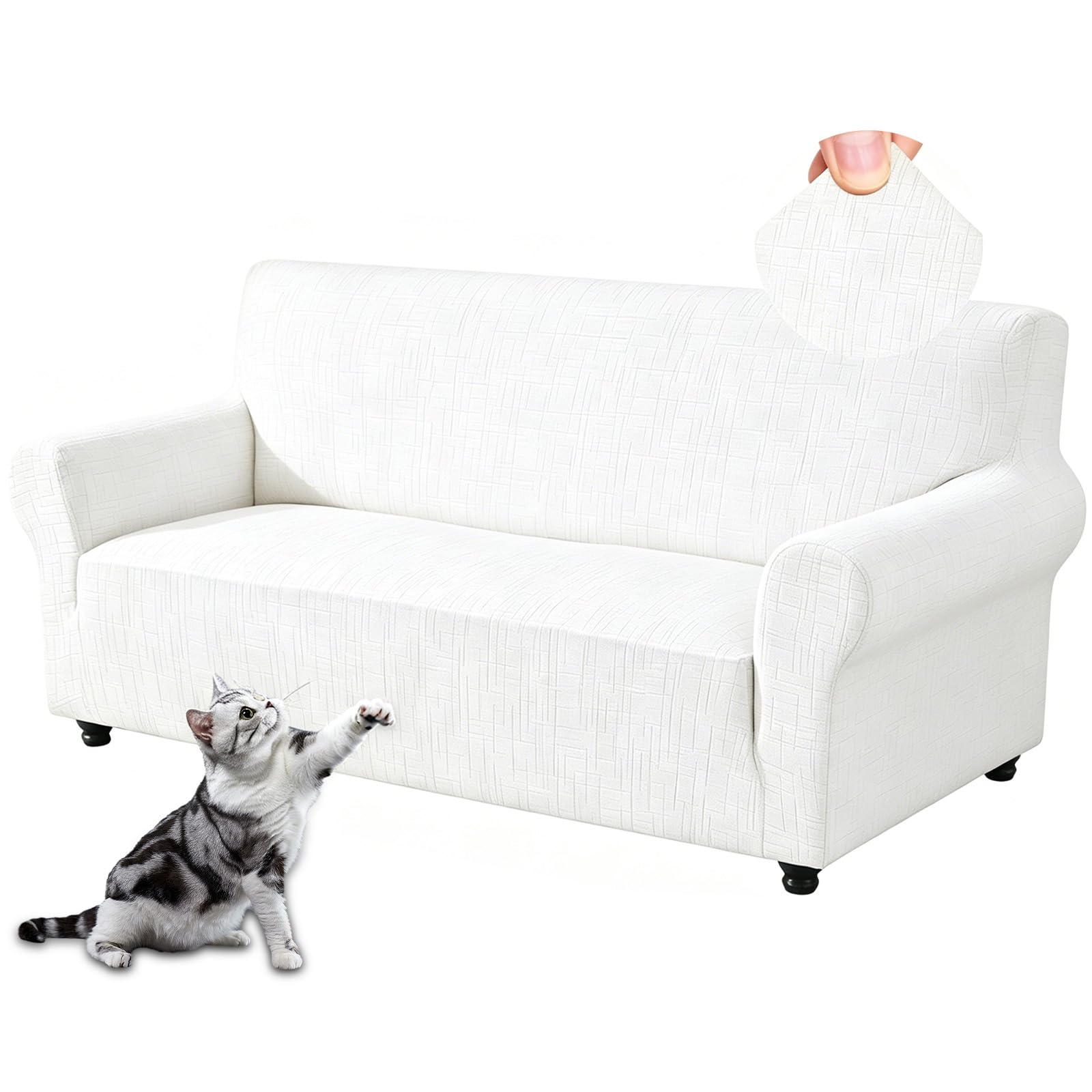 FARYODI Funda de sillón con reposabrazos, funda de sofá de alta elasticidad, funda de sofá de jacquard universal, gruesa para perros, gatos y mascotas (blanco, tres plazas)