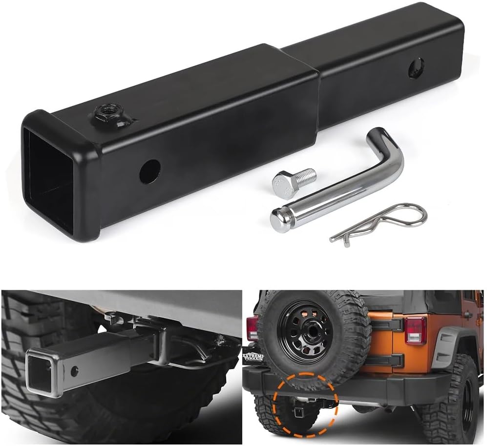 OUTMX Black 9.65" Trailer Hitch Extension with 2 Inch Receiver Tube Extender Wth 5/8 Inch Hitch Pin and Clips 3000KG GTW