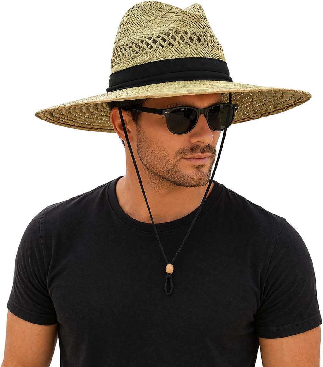 Vented Straw Lifeguard Sun Hat w/ 4.5-inch-Wide Brim & Chin Strap â€“ One Size