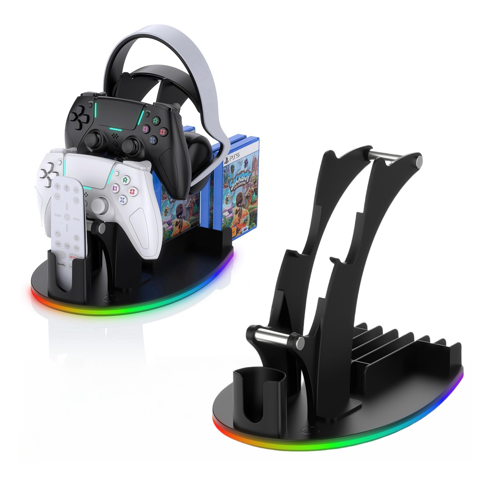 XUMIUZIY Supporto per Controller da Tavolo 4 in 1, Support per Controller & Cuffie con Luci RGB, Supporto per Cuffie/Gamepad/Telecomando/Disco da Tavolo per PS 5/PS 4/X Box X|S (Black)