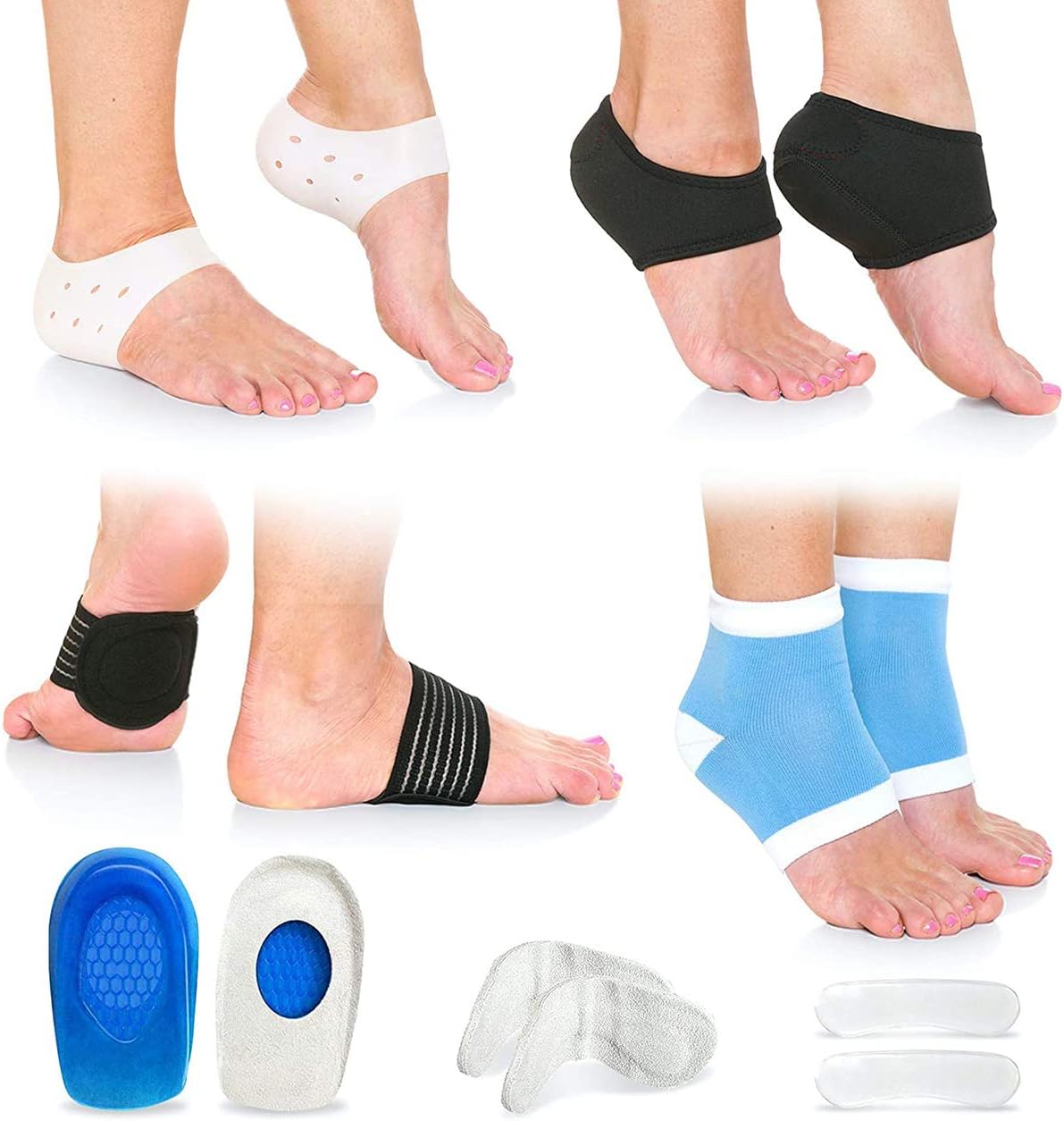 Plantar Fasciitis Foot Pain Relief, 14-Piece Kit – Premium Planter Support, Gel Heel Spur & Therapy Wraps, Compression Socks, Sleeves, Cushion Inserts Grips