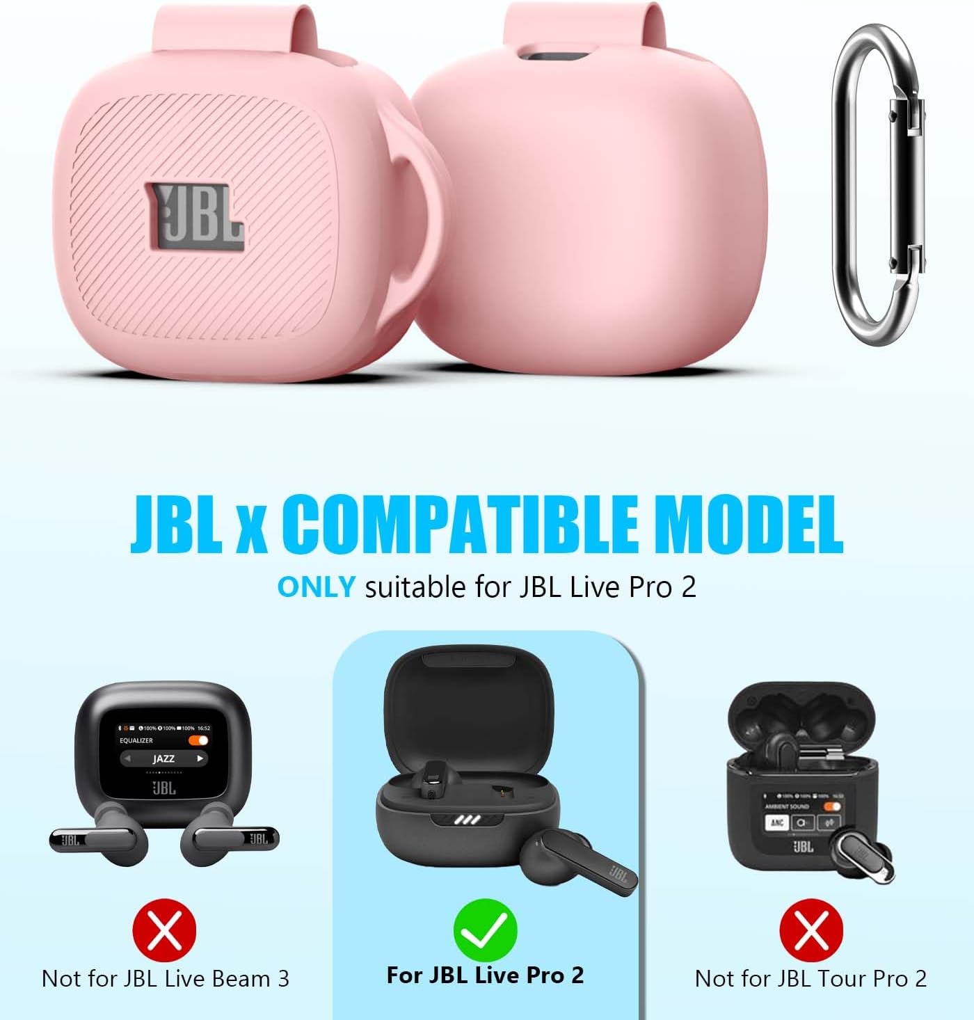 [3 in 1] for JBL Live Pro 2 Case Cover with Cleaner kit, Logo Visible Design Scratch Resistant Shockproof Silicone Protective Cover for JBL Live Pro 2 Earbuds with Carabiner-Pink - Image 5
