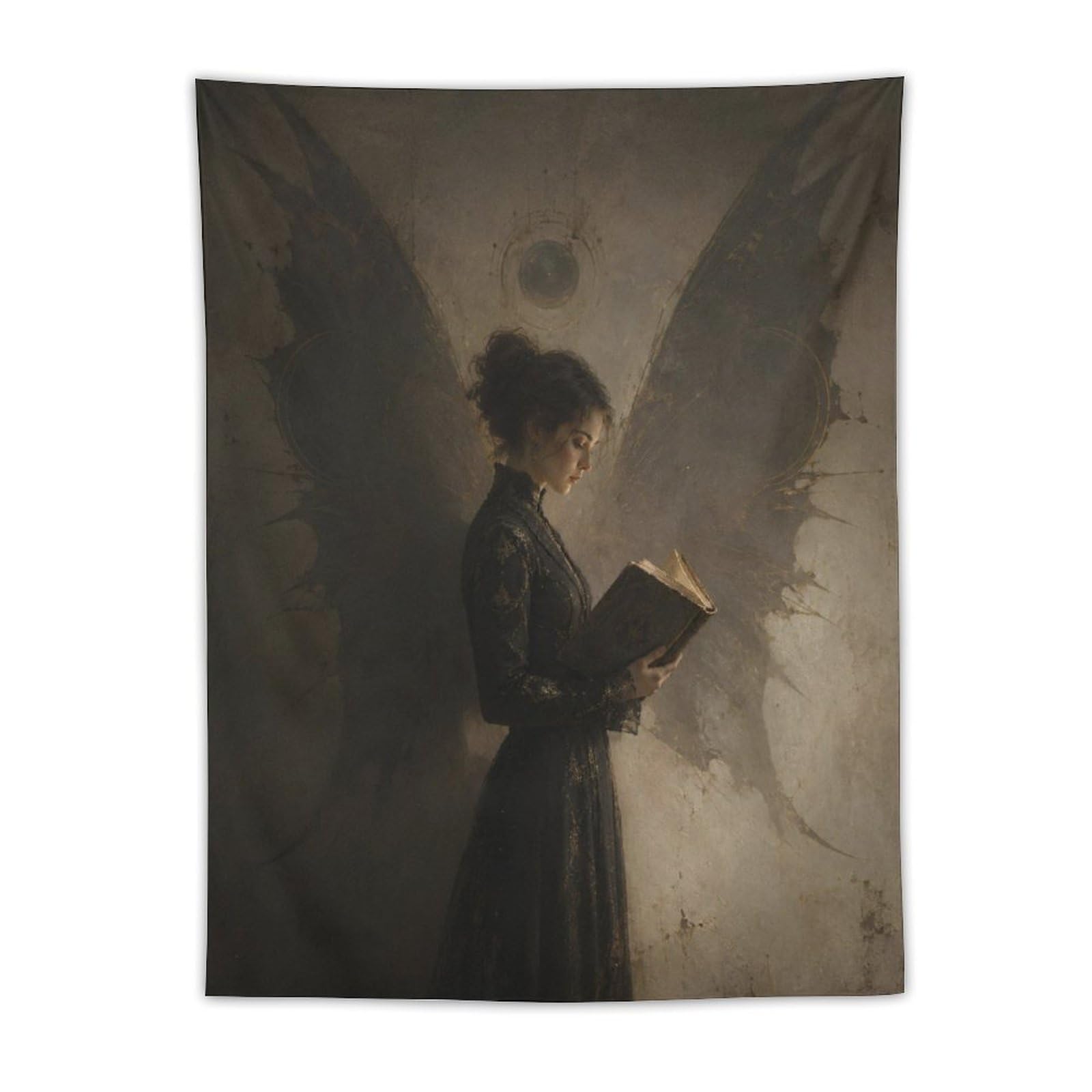 W7C8U2X3 Woman Reading Wing Shadow Wall Tapestry, Dark Literary Mood